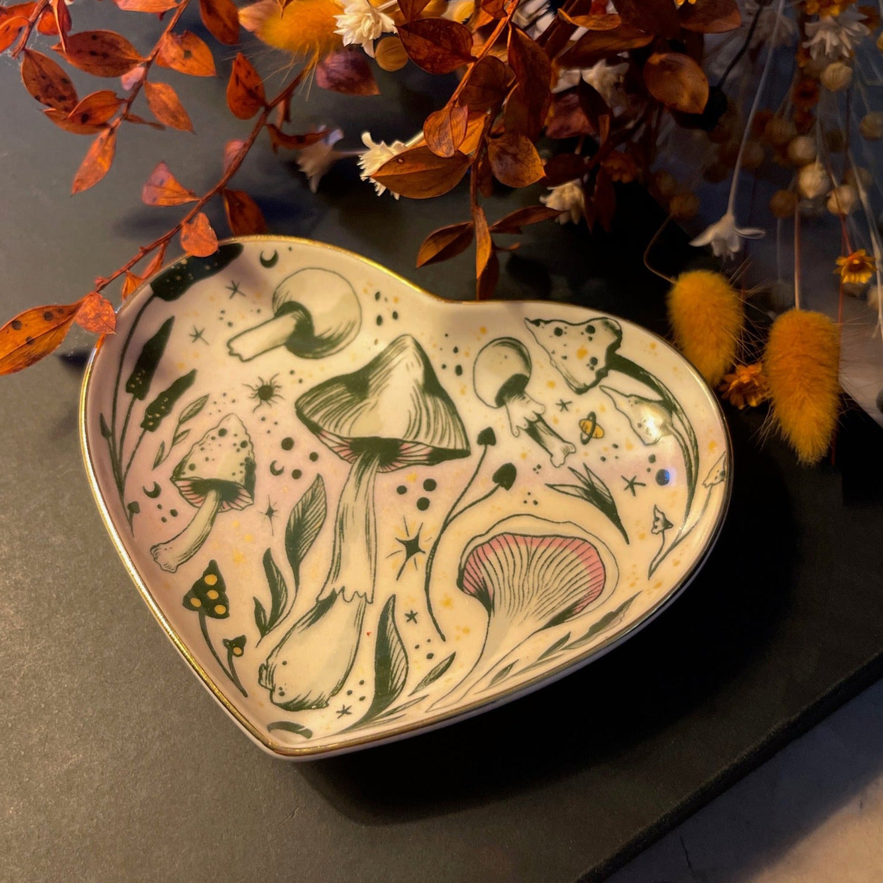 Starry Mushrooms Ceramic Heart Dish