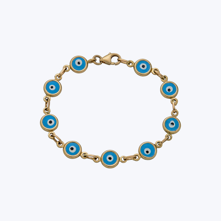 14K Yellow Gold Blue, White, and Black Enamel Evil Eye Bracelet, 7"