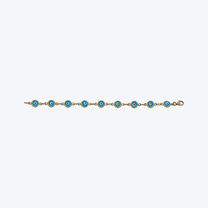 14K Yellow Gold Blue, White, and Black Enamel Evil Eye Bracelet, 7"