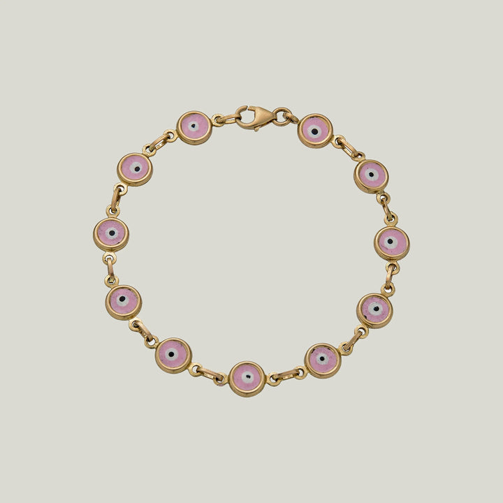 14K Yellow Gold Pink, White, and Black Enamel Evil Eye Bracelet, 7"