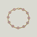 14K Yellow Gold Pink, White, and Black Enamel Evil Eye Bracelet, 7"