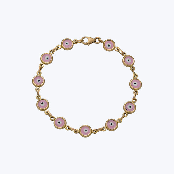 14K Yellow Gold Pink, White, and Black Enamel Evil Eye Bracelet, 7"
