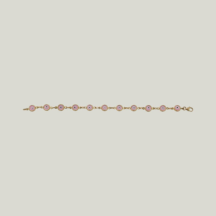 14K Yellow Gold Pink, White, and Black Enamel Evil Eye Bracelet, 7"
