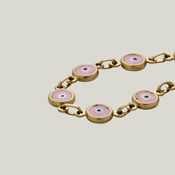 14K Yellow Gold Pink, White, and Black Enamel Evil Eye Bracelet, 7"