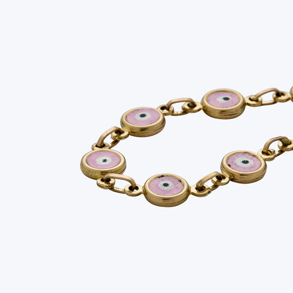 14K Yellow Gold Pink, White, and Black Enamel Evil Eye Bracelet, 7"