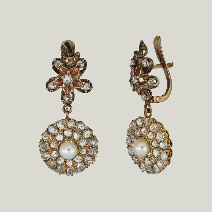 Victorian 14KYG Natural Pearl Diamond Dangle Earrings