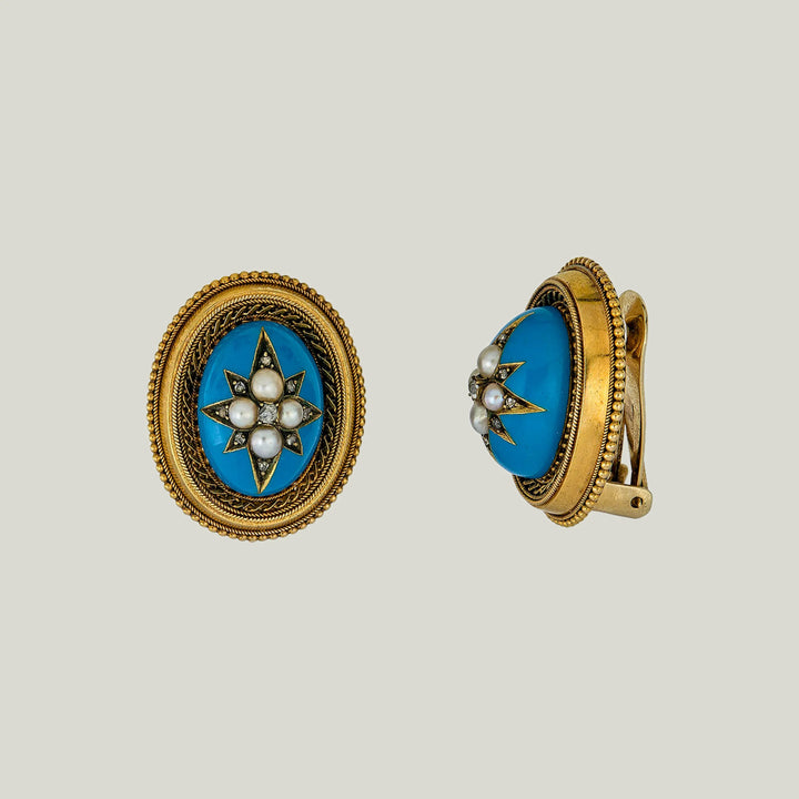 Victorian 18KYG Enamel and Natural Pearl Starburst Dome Earrings