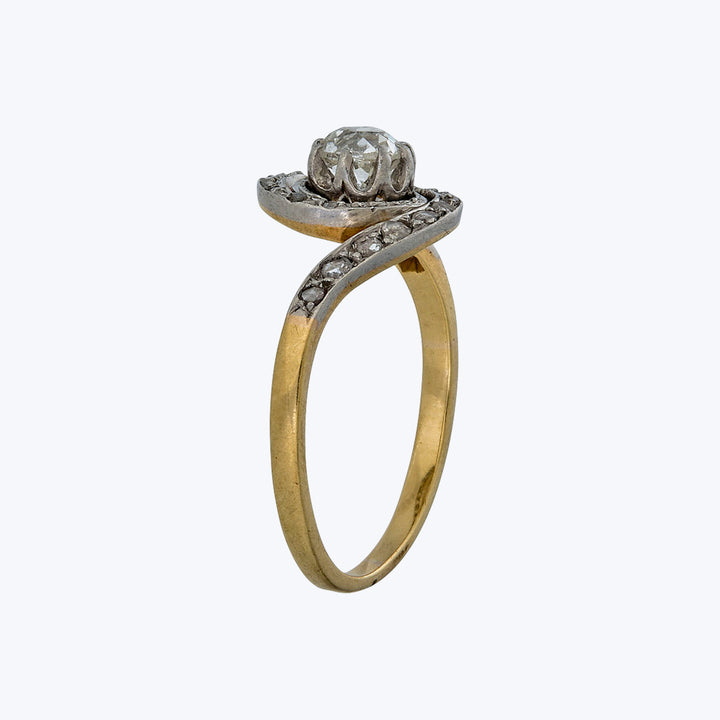 French Victorian Silver on 18KYG Diamond Whorl Ring