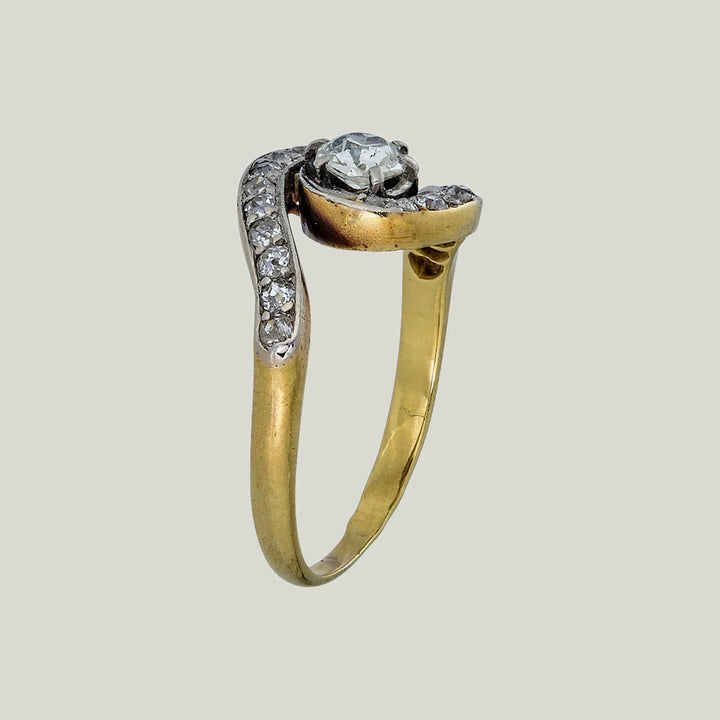 French Victorian Silver on 18KYG Diamond Swirl Ring