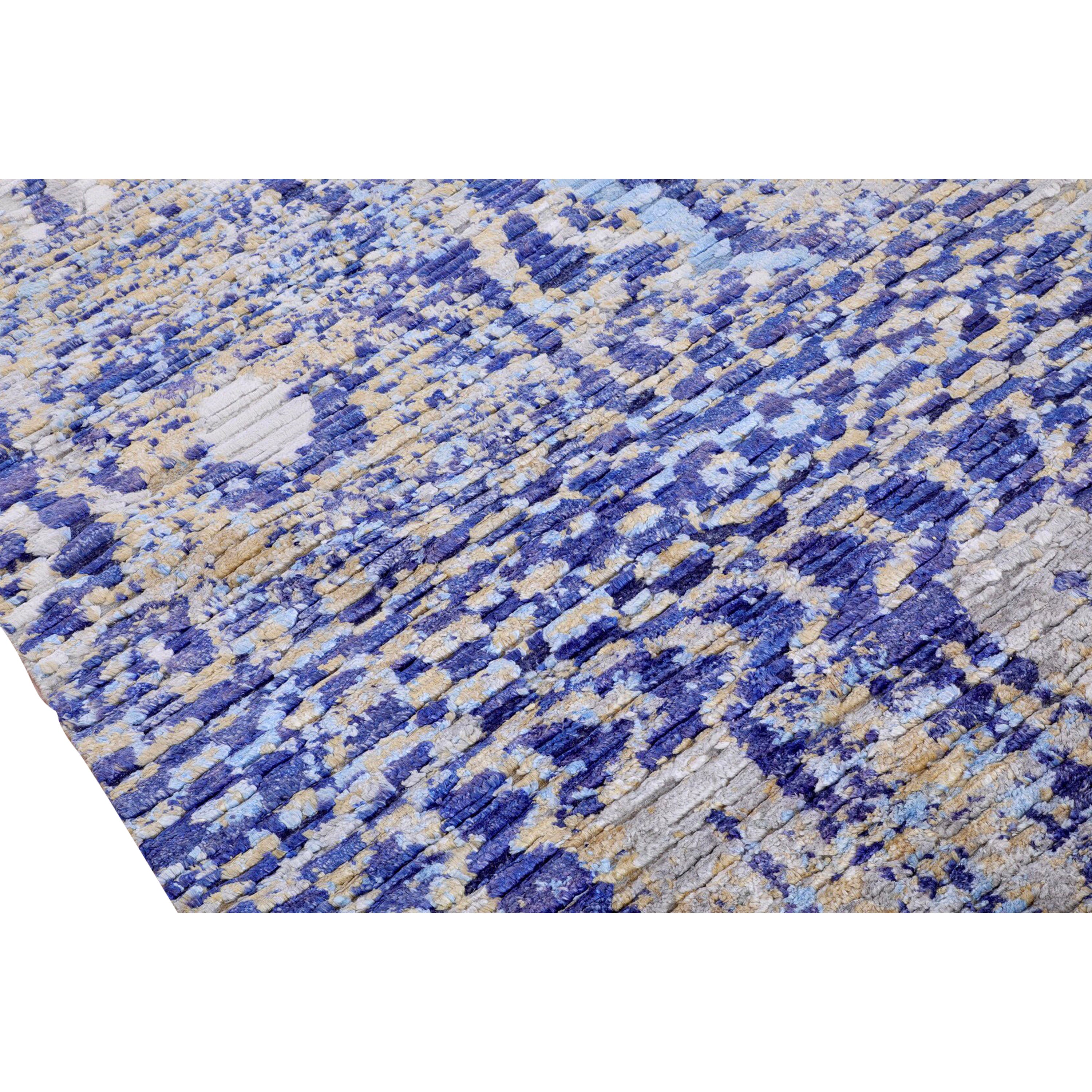 Blue Contemporary Wool Silk Blend Rug - 8'11" x 11'6"