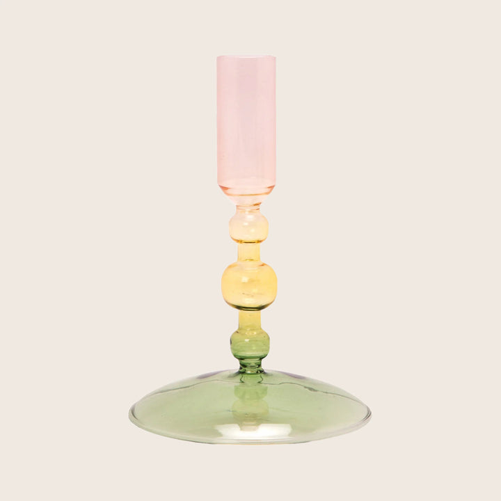 Three-Tone Ombré Ornamental Glass Candlestick Green/Yellow/Pink