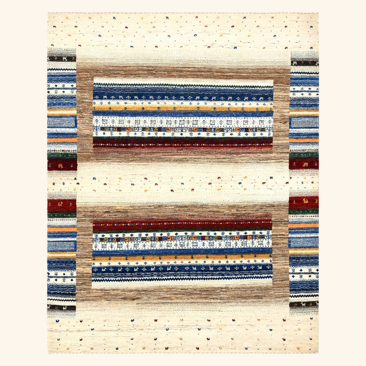 Ivory & Blue Traditional Gabbeh Wool Rug - 5'2" x 6'6"