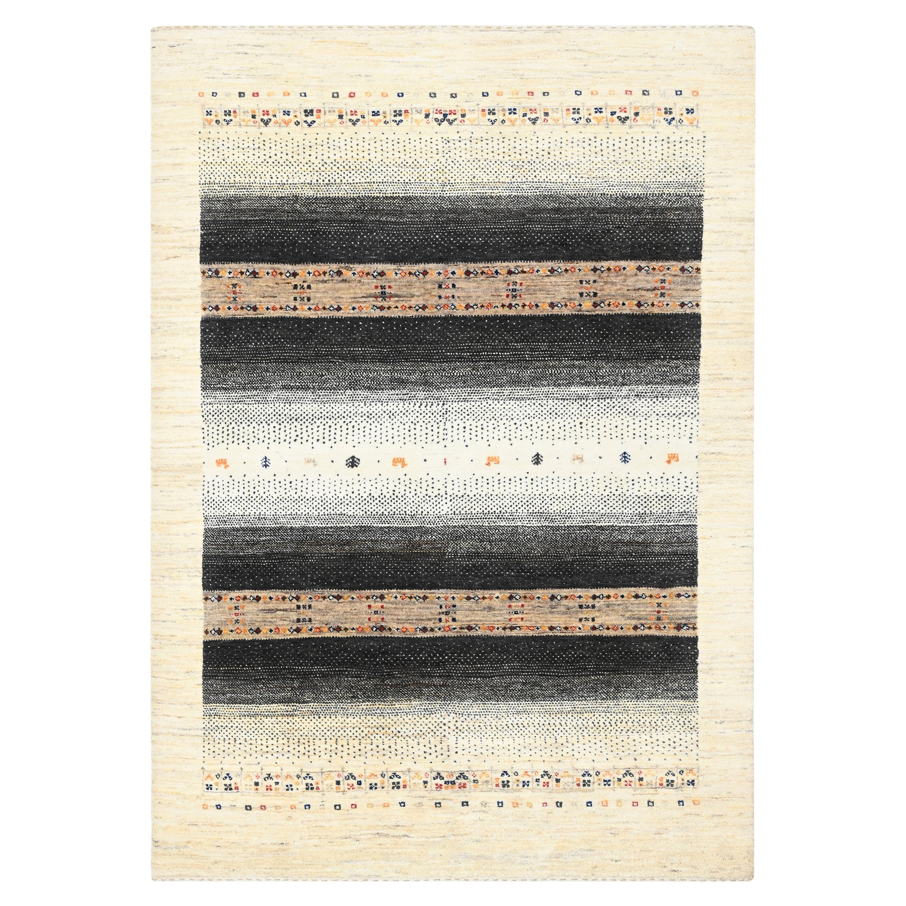 Ivory & Black Traditional Gabbeh Wool Rug - 4'8" x 6'9"