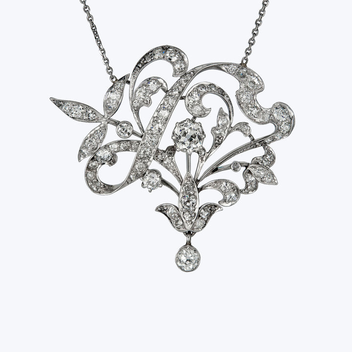 Art Nouveau Platinum Diamond Flora Pendant Necklace
