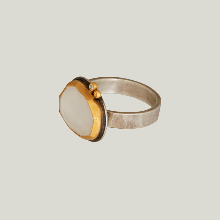 Rosecut milky quartz ring, 22k bezel, 2 diamonds