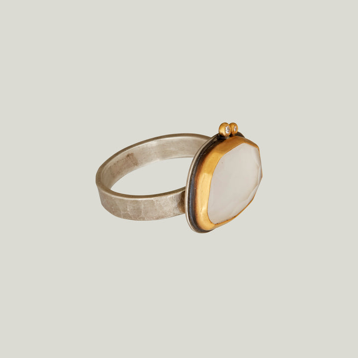 Rosecut milky quartz ring, 22k bezel, 2 diamonds