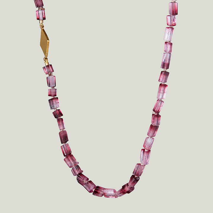 22K Yellow Gold Diamond Station Ombre Pink Tourmaline Beaded Necklace