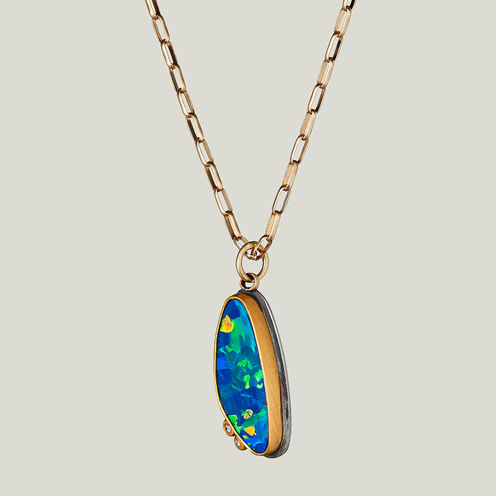 22K Yellow Gold Australian Opal and Diamond Pendant Necklace