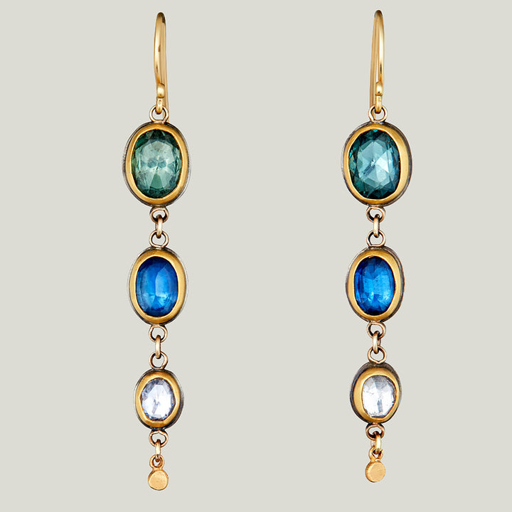 22K Yellow Gold Rosecut Multi-Sapphire Triple Drop Earrings
