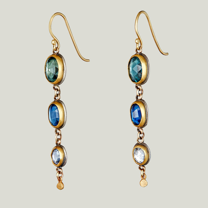22K Yellow Gold Rosecut Multi-Sapphire Triple Drop Earrings