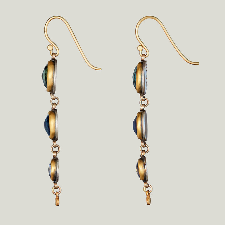 22K Yellow Gold Rosecut Multi-Sapphire Triple Drop Earrings
