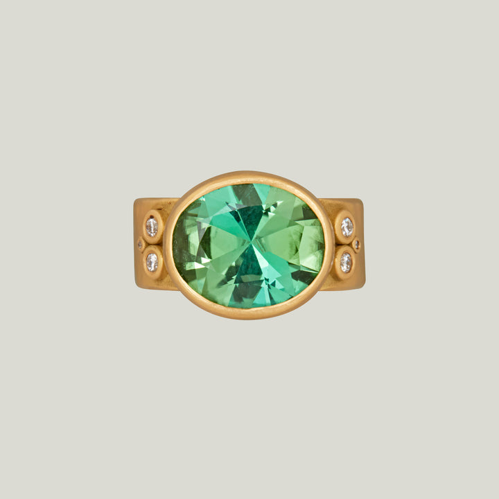 18K Yellow Gold Oval Green Tourmaline and Diamond Ring