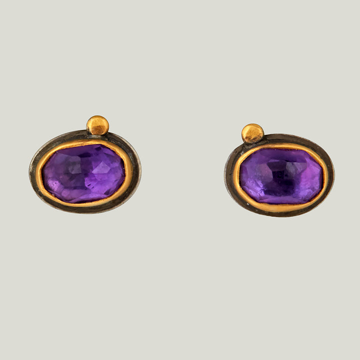 22K Yellow Gold Rosecut Oval Amethyst Stud Earrings