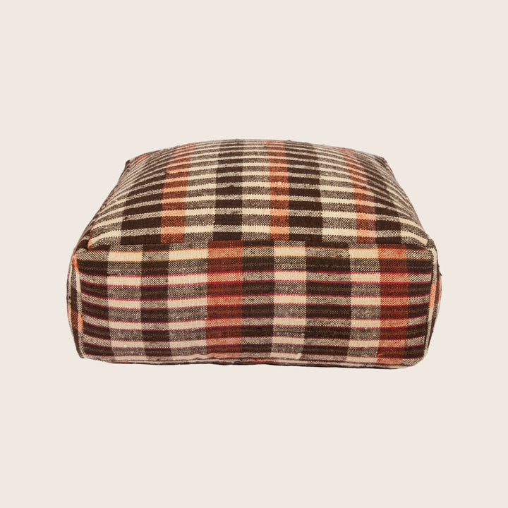 Vintage Plaid Grain Sack Square Pouf, Brown + Orange