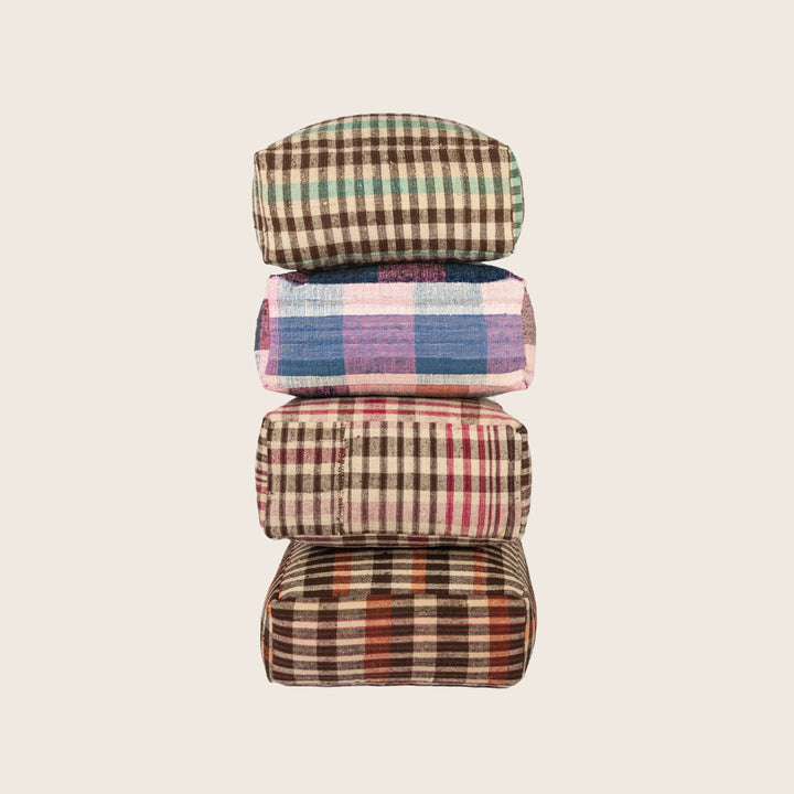 Vintage Plaid Grain Sack Square Pouf, Brown + Orange