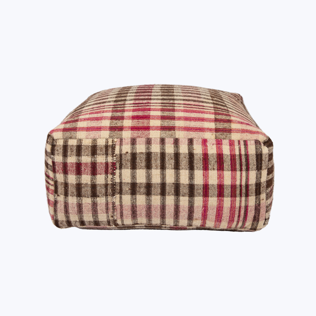 Vintage Plaid Grain Sack Square Pouf, Brown + Red