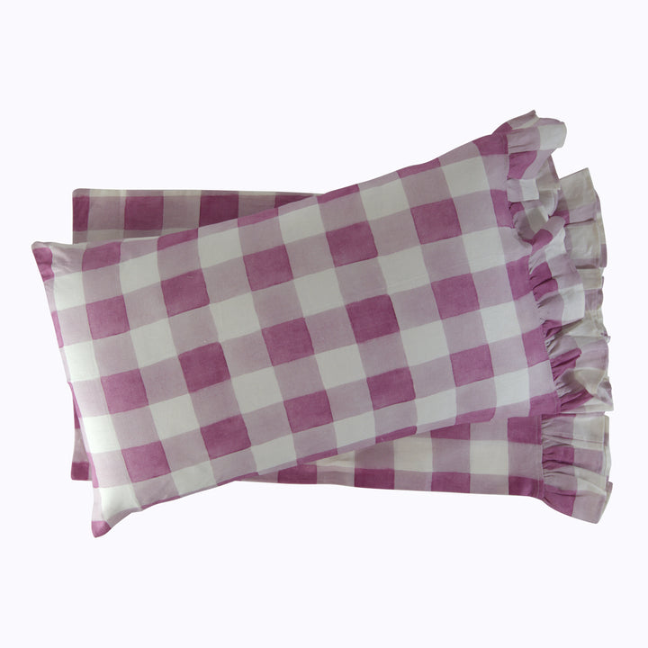 Blossom Plaid Linen Ruffle Pillowcase Pair Orchid / Standard