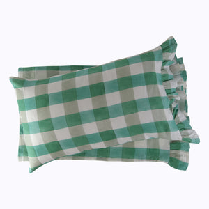 Blossom Plaid Linen Ruffle Pillowcase Pair Brick / Standard - hover