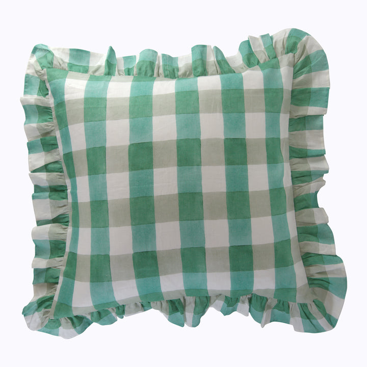 Blossom Plaid Linen Ruffle Euro Sham Pair Green