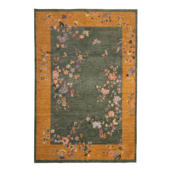 Green Traditional Art Deco Wool Rug - 6' x 9'
