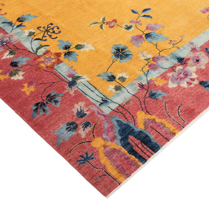 Yellow Traditional Art Deco Wool Rug - 9' x 12'