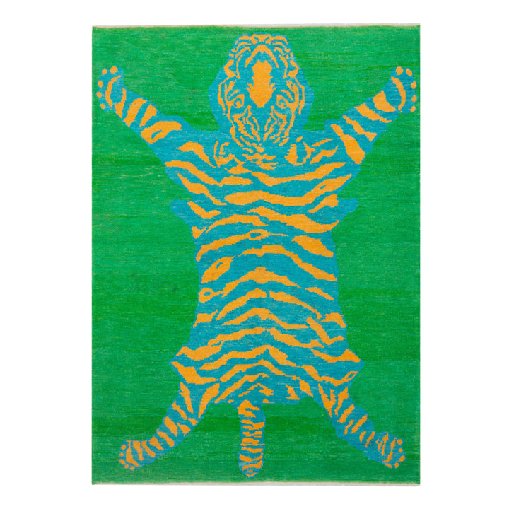 Green Contemporary Tiger Wool Rug - 6'6" x 8'11"