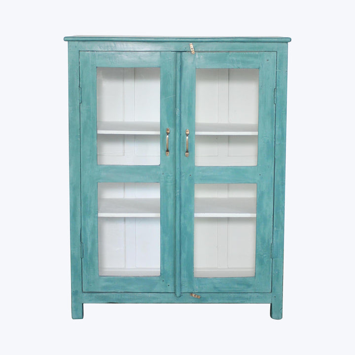 Vintage Teal-Painted Glass Front Cabinet