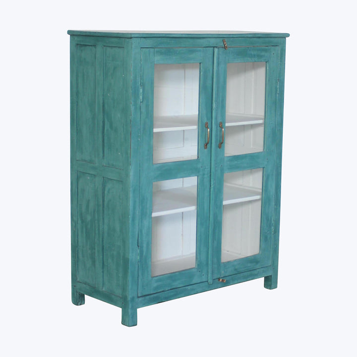 Vintage Teal-Painted Glass Front Cabinet