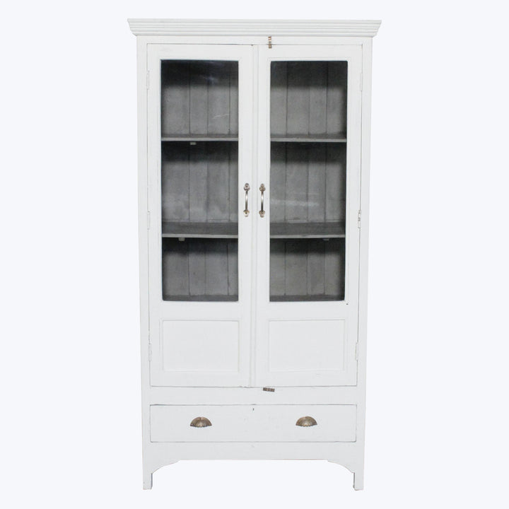 Vintage White-Painted Glass Front Cabinet