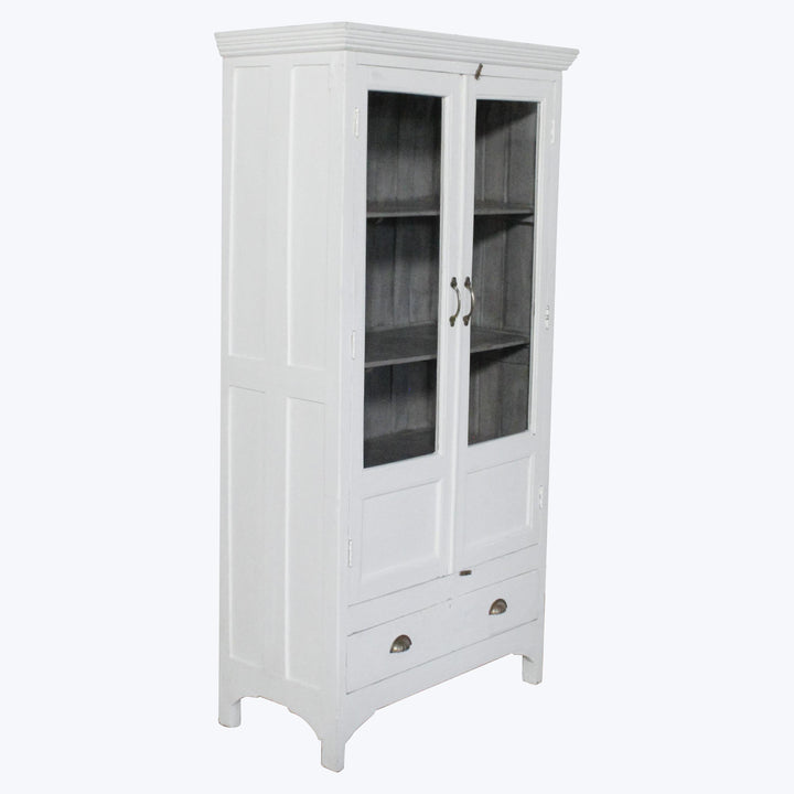 Vintage White-Painted Glass Front Cabinet