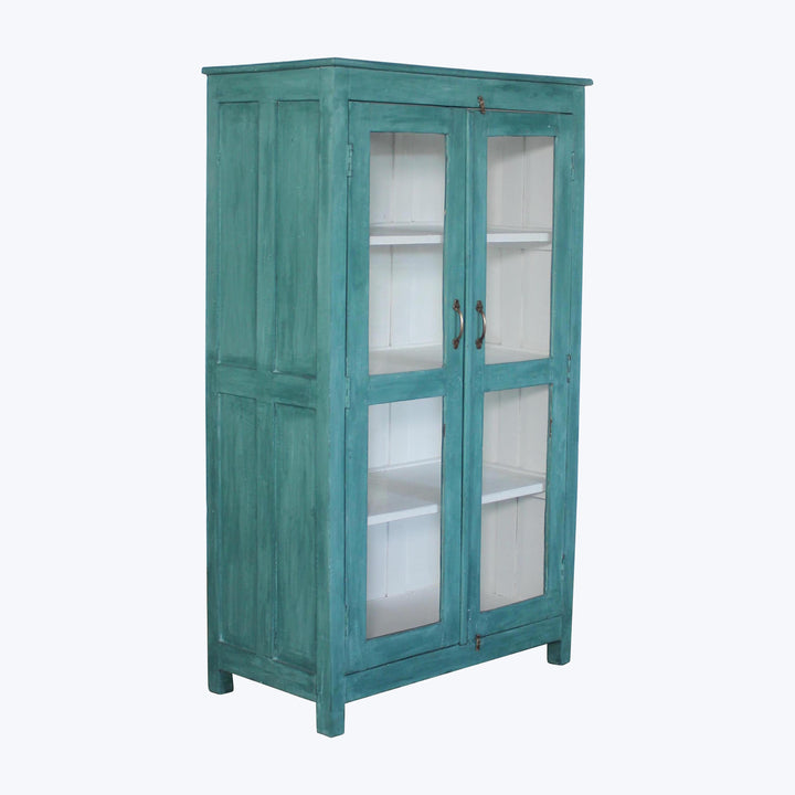 Vintage Teal-Painted Glass Front Cabinet