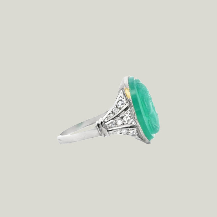 Vintage Art Deco Platinum, Diamond and Chrysoprase Cameo Ring