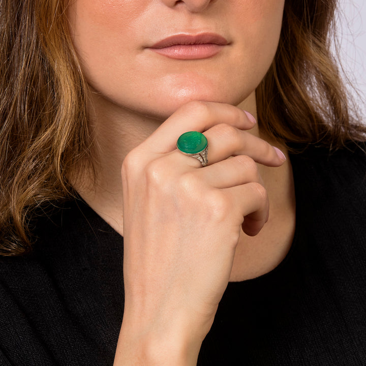 Art Deco Platinum, Diamond and Chrysoprase Cameo Ring