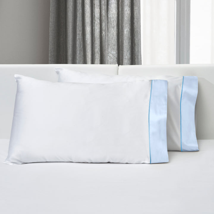 Luna Pillowcases White/Sky Blue Border/Cerulean Blue Line / Standard Pair