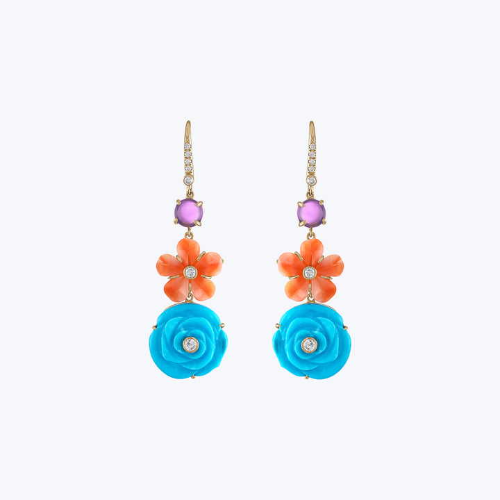 Turquoise, Coral, Amethyst Diamond Flower Drop Earring