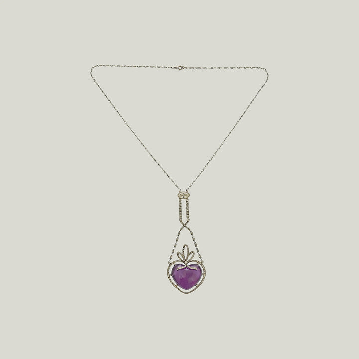 Antique 18KWG, Diamond, Amethyst Heart Pendant