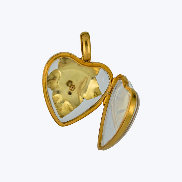 Antique 18KYG, Rock Crystal, Diamond, and Enamel Leaf Heart Locket