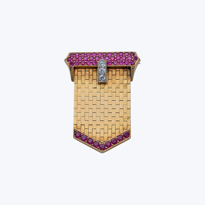 Retro 14KYG Ruby and Diamond Buckle Brooch