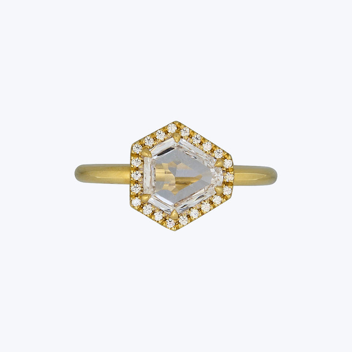 Jewels by Grace 18KYG 1.04 ct. Kite-Shape Step Cut Diamond Halo Solitaire