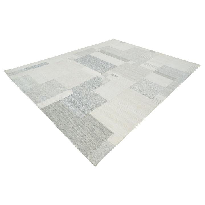 Grey Swedish Inspired Art Silk Wool Blend Kilim Rug - 12' x 15'